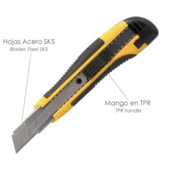 Cutter Con Hoja De 18 mm, Con 2 Hojas, Acero SK5, Agarre Engomado Bimaterial, Pulsador Seguridad Liberación hoja, Cuters Cutters