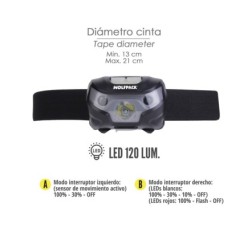 Linterna Led Frontal Cabeza Litio Usb Recargable, 3 modos de luz, 120 LUM, Sensor de encendido y apagado,