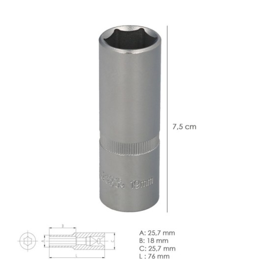 Llave Vaso 1/2" Hexagonal Larga 19 mm, Perfil de 6 caras, Acero Cromo Vanadio, Aristas Redondas al por Mayor | Almacén de Ferret