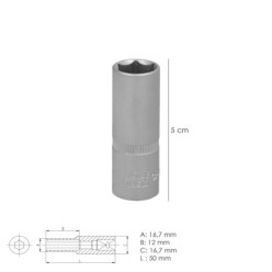 Llave Vaso 1/4" Hexagonal Larga 12 mm, Perfil de 6 caras, Acero Cromo Vanadio, Aristas Redondas