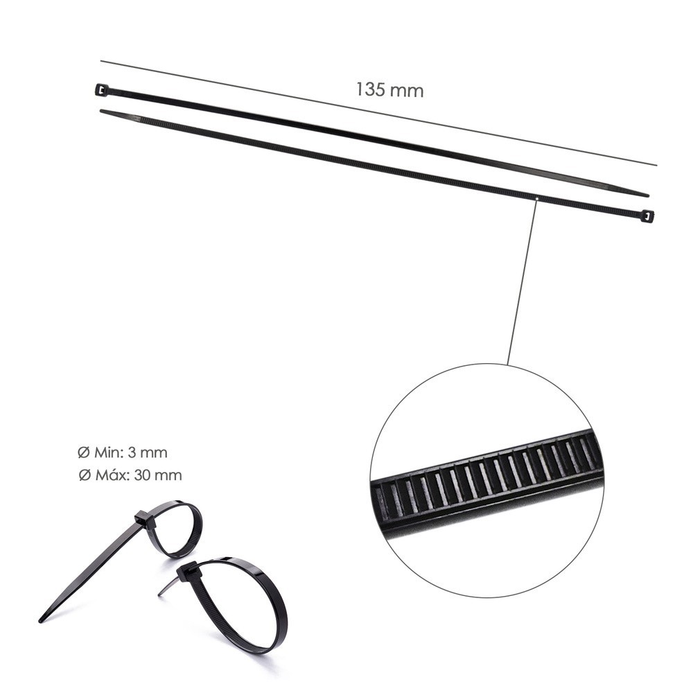 Brida Nylon 100%, Color Negro 2,5 x 135 mm, Bolsa 100 unidades, Abrazadera Plastico, Organizador Cables, Alta Resistencia al por