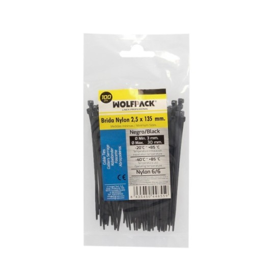Brida Nylon 100%, Color Negro 2,5 x 135 mm, Bolsa 100 unidades, Abrazadera Plastico, Organizador Cables, Alta Resistencia al por