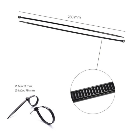 Brida Nylon 100%, Color Negro 3,5 x 280 mm, Bolsa 100 unidades, Abrazadera Plastico, Organizador Cables, Alta Resistencia al por