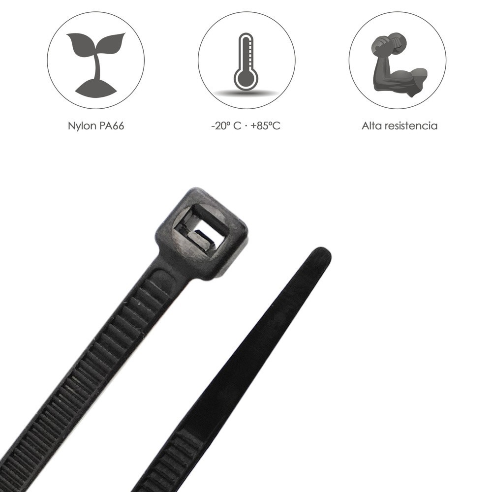 Brida Nylon 100%, Color Negro 7,5 x 450 mm, Bolsa 100 unidades, Abrazadera Plastico, Organizador Cables, Alta Resistencia al por