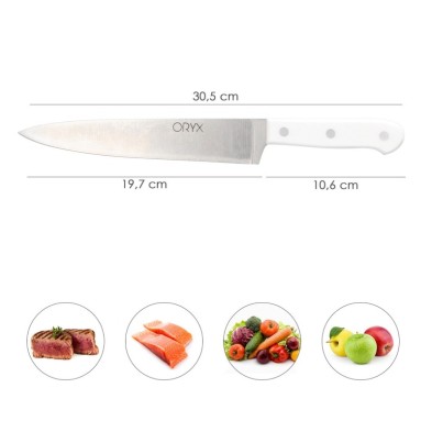 Cuchillo Husky Cocina 20 cm, Hoja Acero Inoxidable, Cuchillo Carne, Cuchillo Pescado, Cuchillo Chef, Mango Ergonomico Blanco