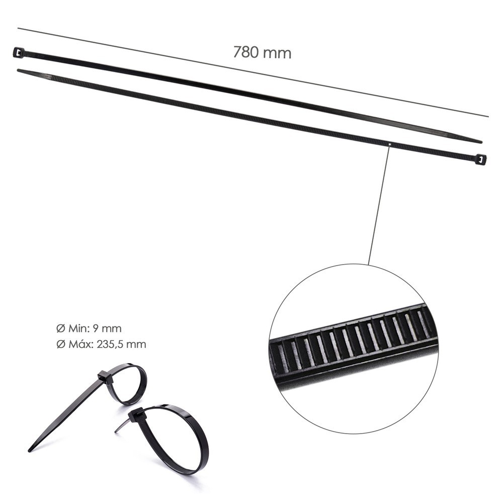 Brida Nylon 100%, Color Negro 9,0 x 780 mm, Bolsa 100 unidades, Abrazadera Plastico, Organizador Cables, Alta Resistencia al por