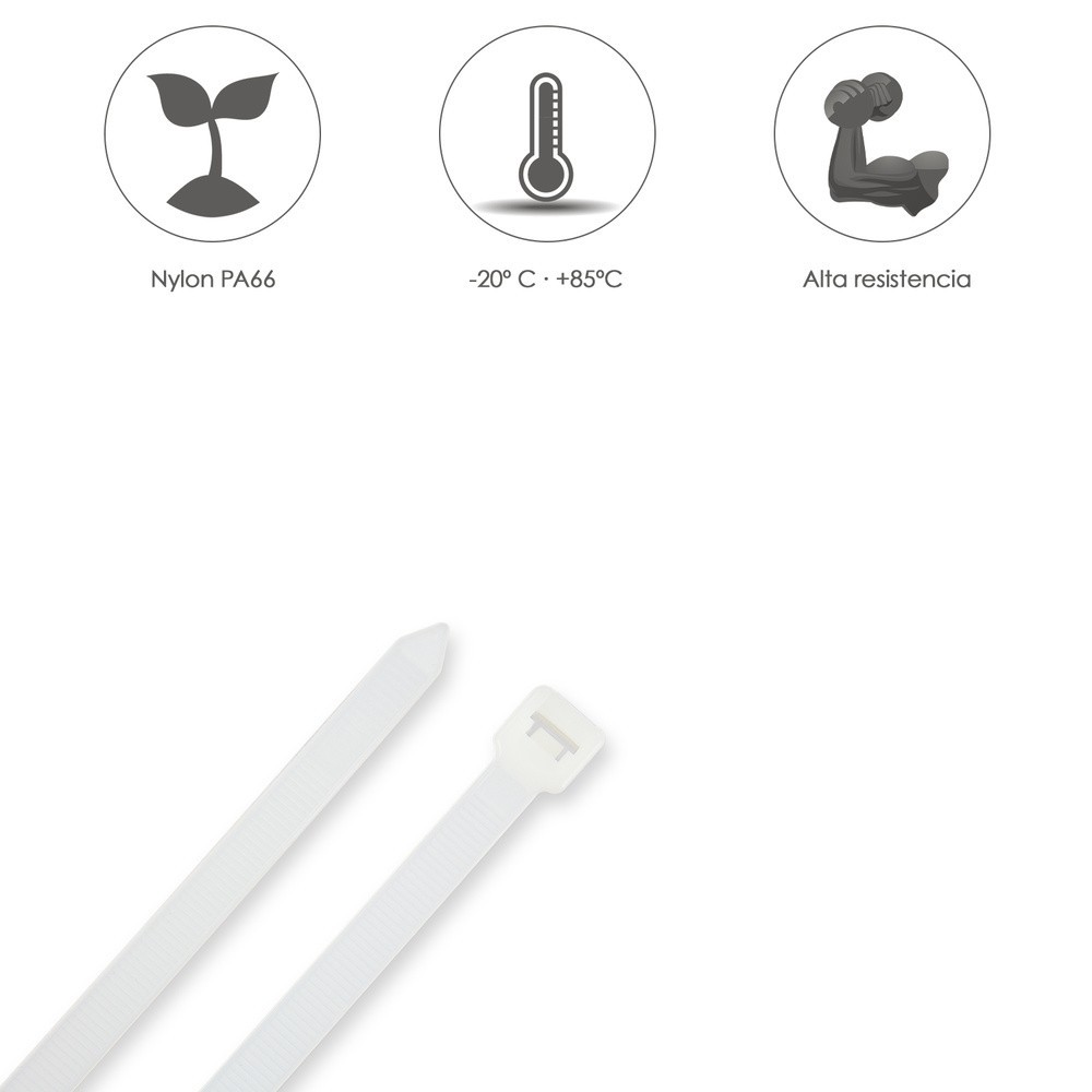 Brida Nylon 100%, Color Blanco / Natural 2,5 x 160 mm, 100 Piezas, Abrazadera Plastico, Organizador Cables, Alta Resistencia al 