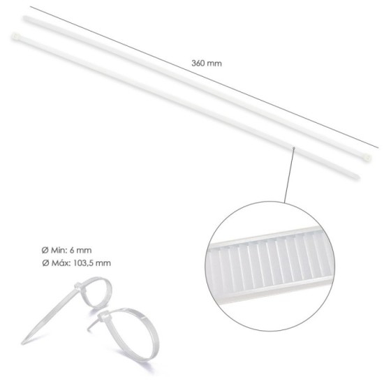 Brida Nylon 100%, Color Blanco / Natural 7,5 x 360 mm, 100 Piezas, Abrazadera Plastico, Organizador Cables, Alta Resistencia al 