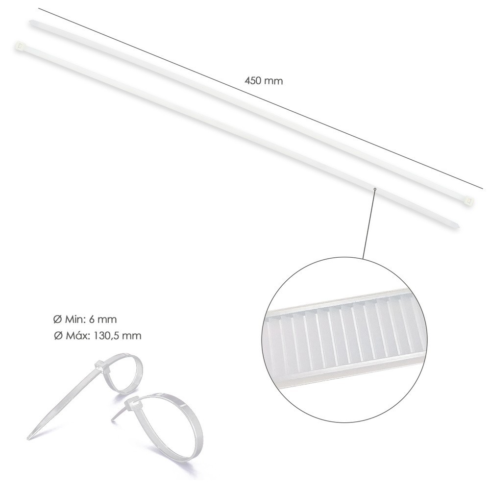 Brida Nylon 100%, Color Blanco / Natural 7,5 x 450 mm, 100 Piezas, Abrazadera Plastico, Organizador Cables, Alta Resistencia al 