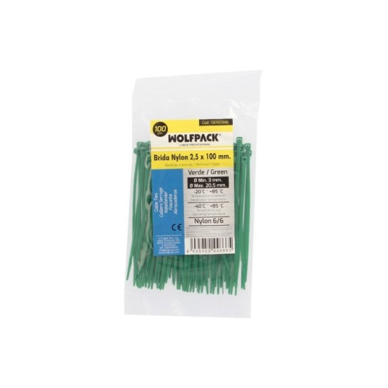Brida Nylon 100%, Color Verde 2,5 x 100 mm, Bolsa 100 Unidades, Abrazadera Plastico, Organizador Cables, Alta Resistencia al por