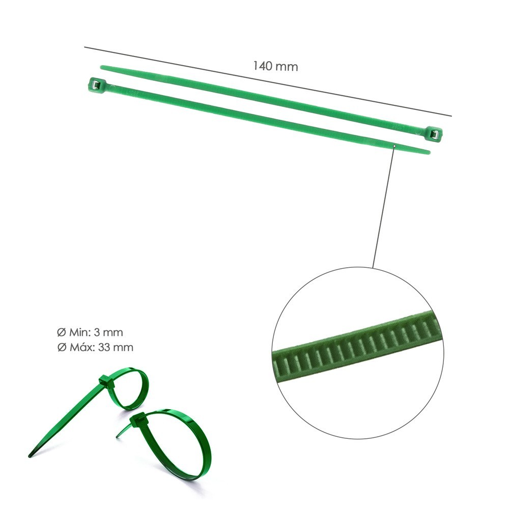 Brida Nylon 100%, Color Verde 3,6 x 140 mm, Bolsa 100 Unidades, Abrazadera Plastico, Organizador Cables, Alta Resistencia al por