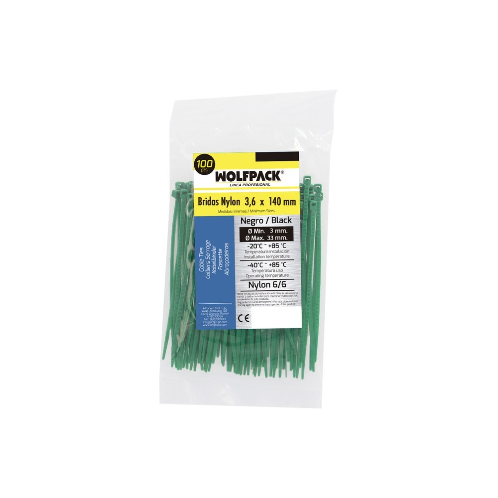 Brida Nylon 100%, Color Verde 3,6 x 140 mm, Bolsa 100 Unidades, Abrazadera Plastico, Organizador Cables, Alta Resistencia al por