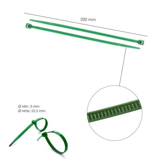 Brida Nylon 100%, Color Verde 3,6 x 200 mm, Bolsa 100 Unidades, Abrazadera Plastico, Organizador Cables, Alta Resistencia al por