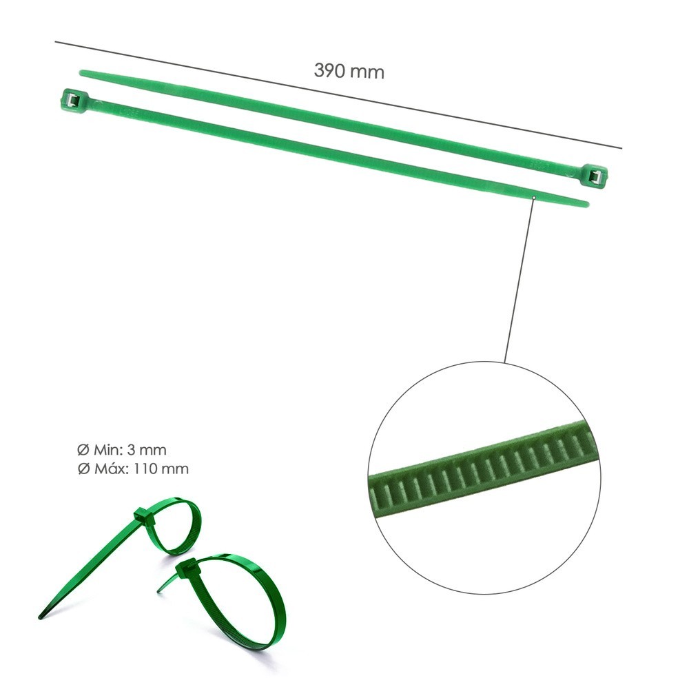 Brida Nylon 100%, Color Verde 4,6 x 390 mm, Bolsa 100 Unidades, AbraBridas Nylon 100% Verde 4,6x390 mm, (Bolsa 100 Unidades) al 