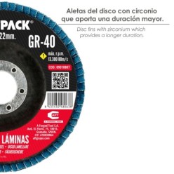 Disco Laminas Lija Circonio Inox - Plus 115x22 mm, grano 40