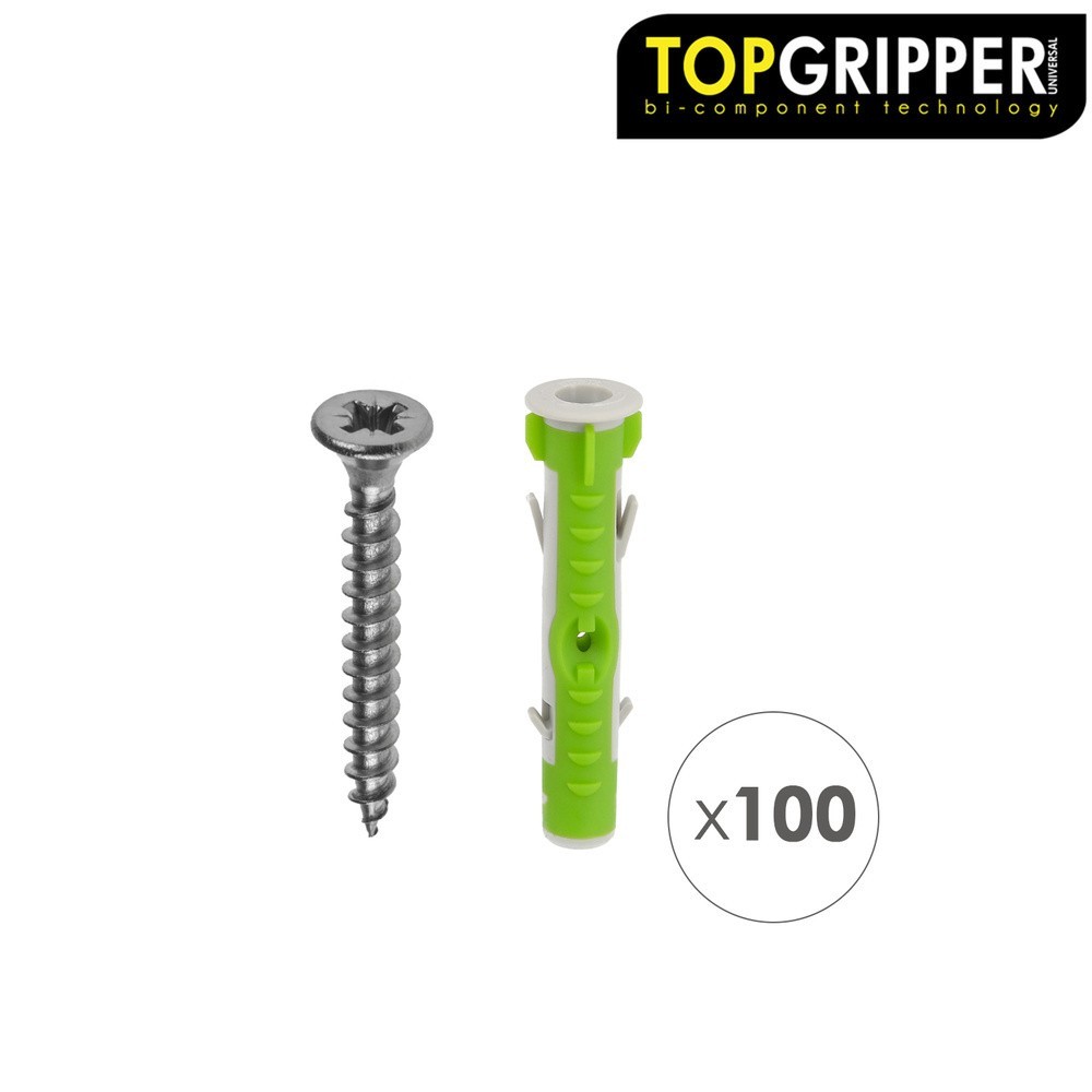 Cubo Tacos Topgripper Bimaterial Con Tornillos Ø 8 mm, 100 Piezas Taco Anclaje Universal, Taco Hormigon, Taco Pladur al por Mayo
