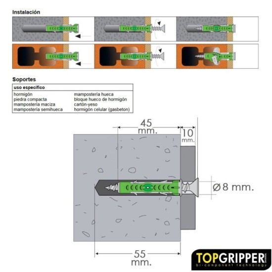 Cubo Tacos Topgripper Bimaterial Con Tornillos Ø 8 mm, 100 Piezas Taco Anclaje Universal, Taco Hormigon, Taco Pladur al por Mayo
