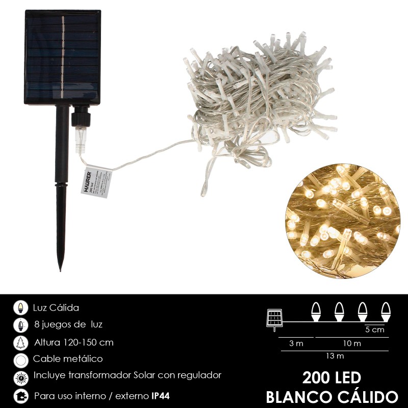 Luces Navidad Solar 200 Leds Luz Calida, Bateria Recargable Uso en Exteriores / Interiores Ip44
