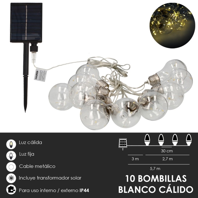 Guirnalda Solar 10 Bombillas / 50 Micro Leds Luz Calida, Bateria Recargable Uso en Exteriores / Interiores Ip44