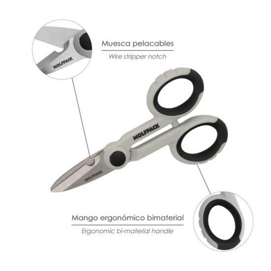 Tijeras Electricista 140 mm, Mango TPR No Aislado, Hojas Acero Inoxidable, Ergonomicas, Tijeras Cortar Cable, Pelacables al por 