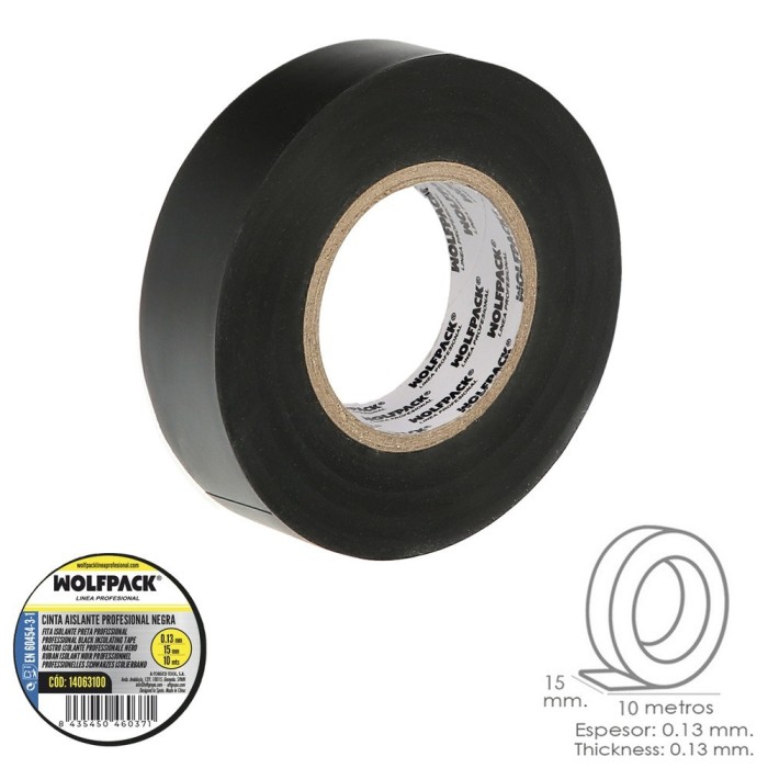 Cinta Aislante Profesional Negra Espesor 0,13 mm, Ancho 15 mm, Rollo 10 Metros Cinta Electricista, Cinta Aislante Cables al por 
