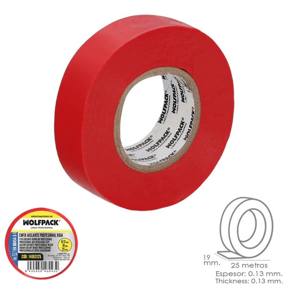 Cinta Aislante Profesional Roja Espesor 0,13 mm, Ancho 19 mm, Rollo 25 Metros Cinta Electricista, Cinta Aislante Cables al por M