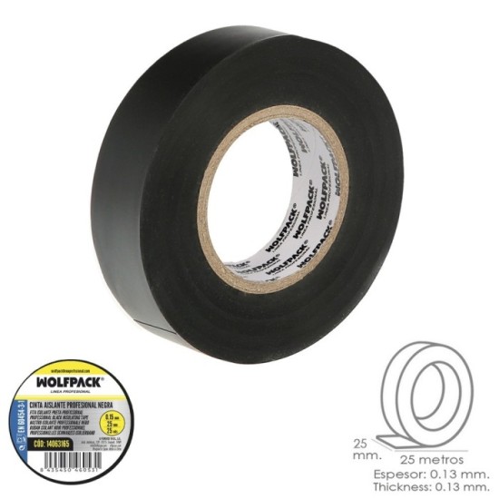 Cinta Aislante Profesional Negra Espesor 0,15 mm, Ancho 25 mm, Rollo 25 Metros Cinta Electricista, Cinta Aislante Cables al por 