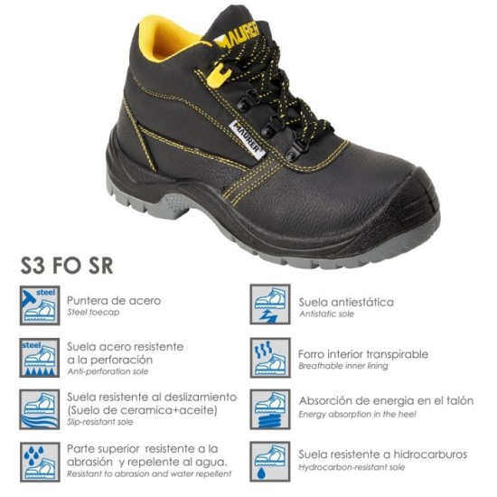 Botas Seguridad Maurer S3 Modelo Capua Antideslizante Con Suela y Puntera Antiperforación y Resistencia A Hidrocarburos Nº 41, (