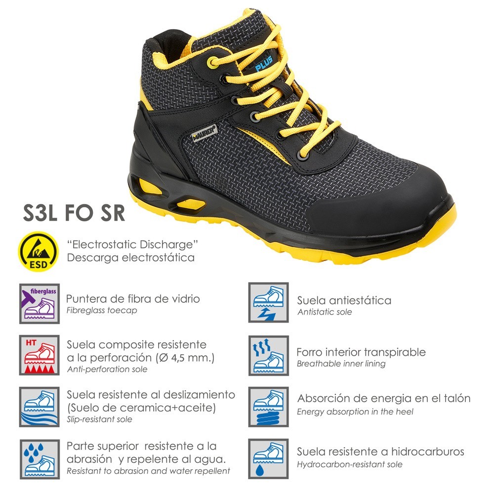 Botas Seguridad Maurer S3 Modelo Amerina Antideslizante con Suela Resistente a los Hidrocarburos, Talla 44, al por Mayor | Almac