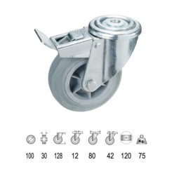 Rueda Industrial Goma Gris Pasante con freno100 mm,