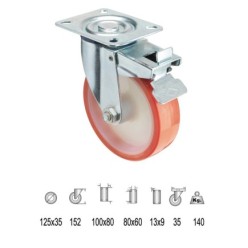 Rueda Industrial Poliuretano Placa con freno 125 mm,