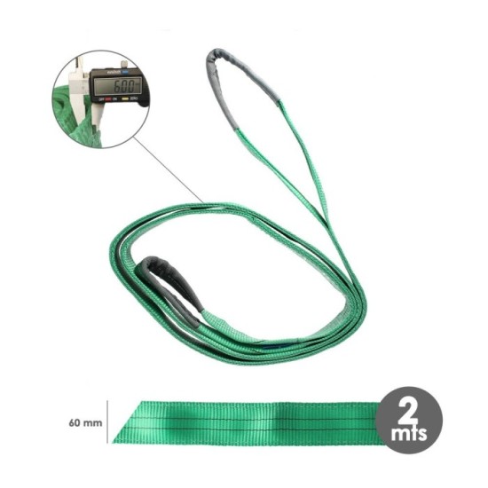 Eslinga Plana Doble Banda 2,000 Kg, Factor Seguridad 7:1, Longitud: 2 Metros Ancho 6 cm, 100% Poliester, Color Verde al por Mayo