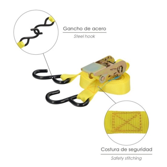 Cinta De Amarre Con Ratchet 4,5 metros x 25 mm, Trinquete Metalico Automatico, Cincha, Eslinga Mercancia, Correa Sujeción (2uds)