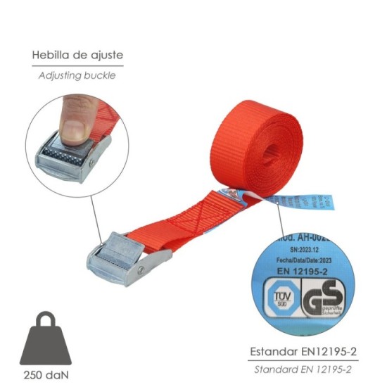 Cinta De Amarre Con Trinquete 2,5 metros x 25 mm, Trinquete Metalico Automatico, Cincha, Eslinga Mercancia, Correa Sujeción al p