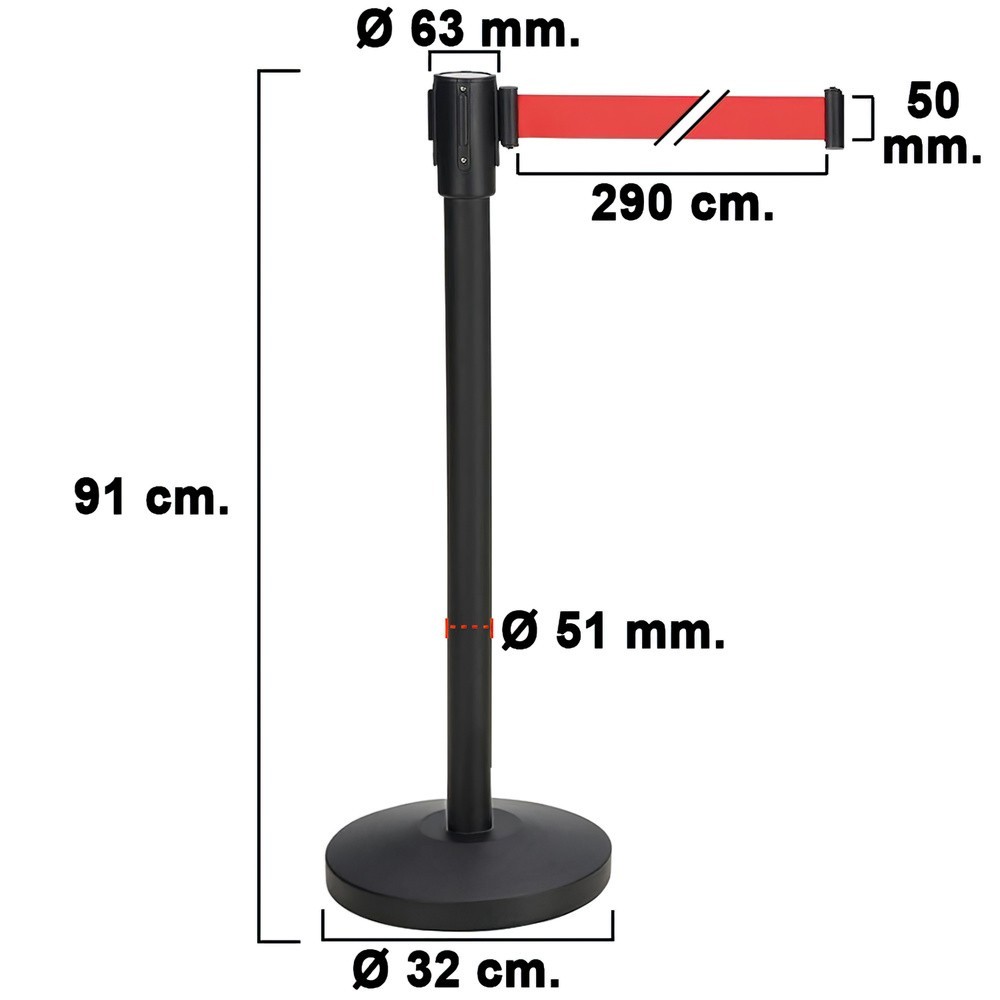Poste Separador Cinta Extensible 3 Metros, Ø Base 32 cm, Ø Tubo 5,1 cm,   Altura 91 cm, al por Mayor | Almacén de Ferretería