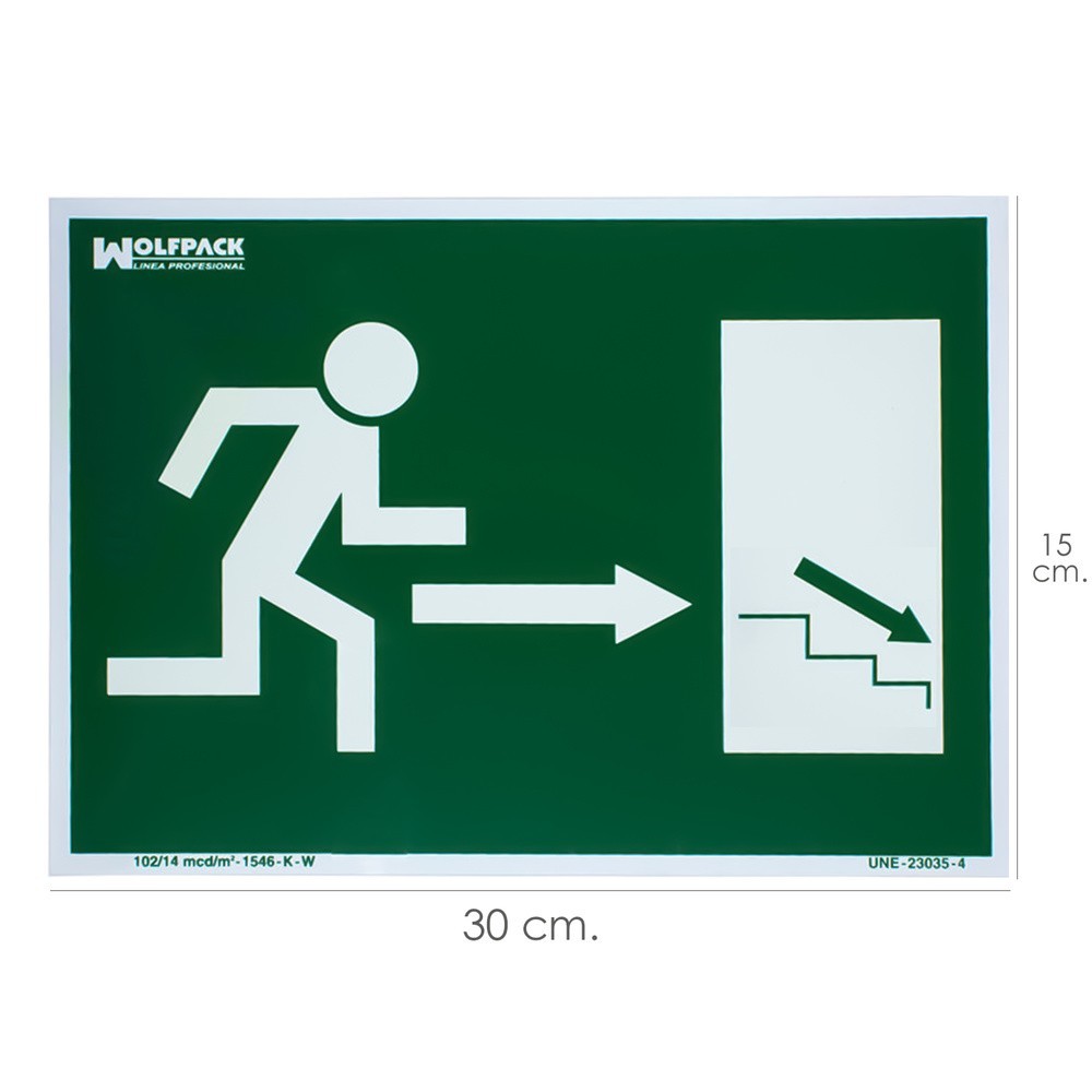 Cartel / Señal Fluorescente / Señal Fluorescente Salida Escalera Derecha Abajo 21x30 cm, al por Mayor | Almacén de Ferretería