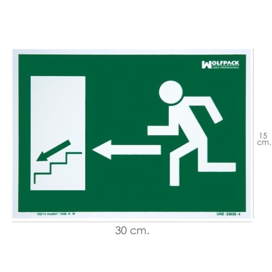Cartel / Señal Fluorescente Salida Escalera Izquierda Abajo 30 x 21 (Alt,) cm, al por Mayor | Almacén de Ferretería