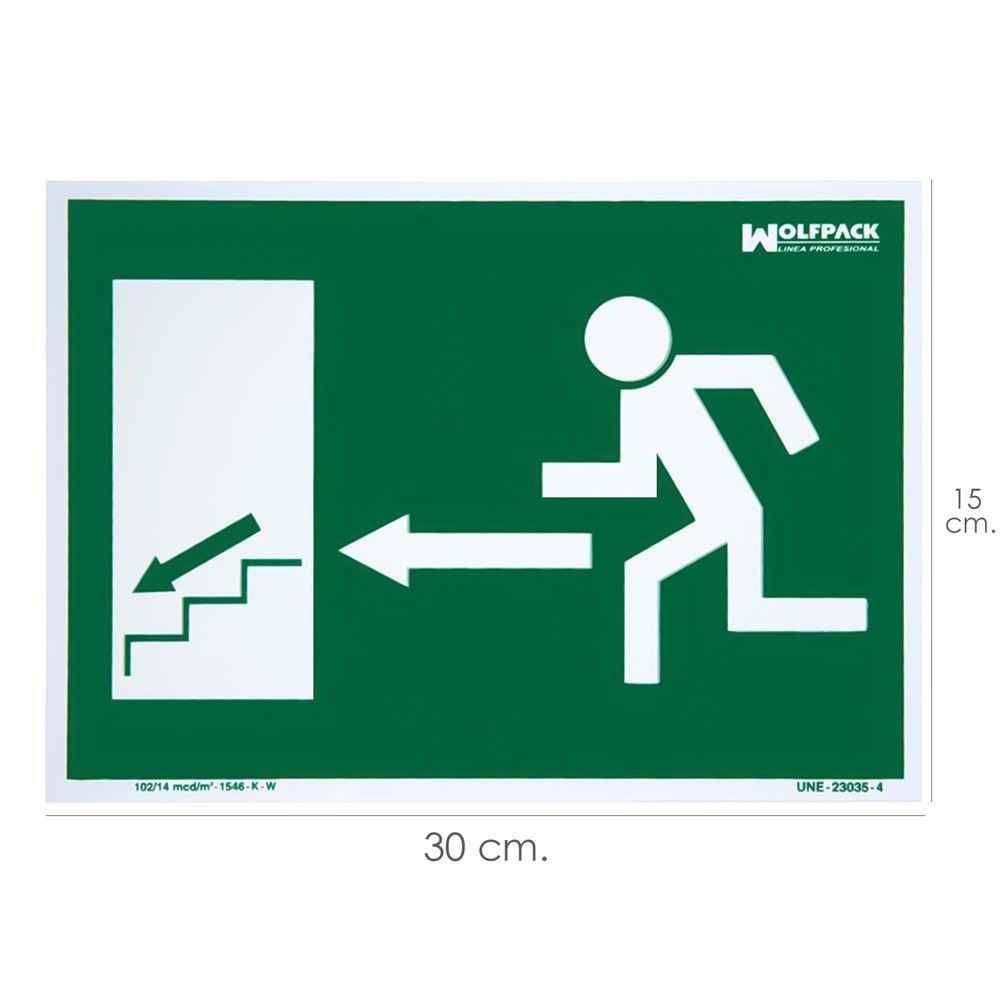 Cartel / Señal Fluorescente Salida Escalera Izquierda Abajo 30 x 21 (Alt,) cm, al por Mayor | Almacén de Ferretería
