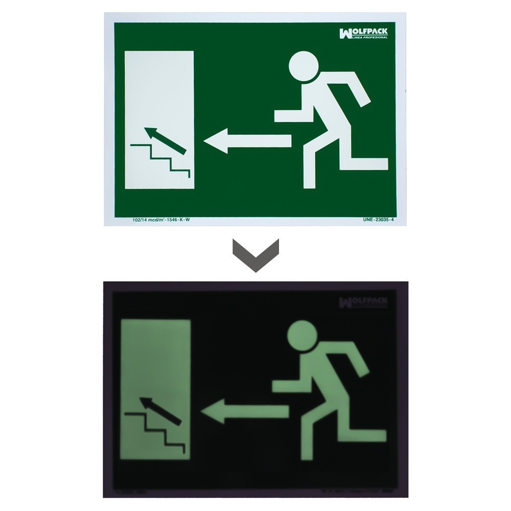 Cartel / Señal Fluorescente Salida Escalera Izquierda Arriba 30 x 21 (Alt,) cm, al por Mayor | Almacén de Ferretería