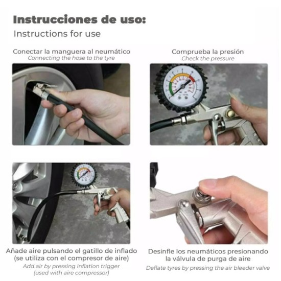 Pistola Para Inflado De Neumáticos Con Manometro, Inflador de Neumaticos, Pistola Aire Comprimido Neumaticos, Pistola Compresor 