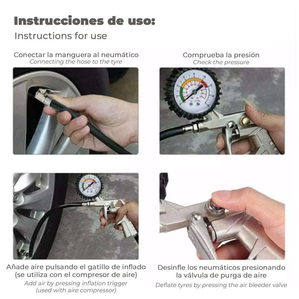 Pistola Para Inflado De Neumáticos Con Manometro, Inflador de Neumaticos, Pistola Aire Comprimido Neumaticos, Pistola Compresor 