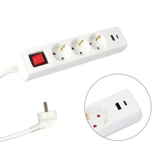 Base Multiple 3 Tomas Schucko y 2 tomas USB (A / C) Con Interruptor y Toma de Tierra al por Mayor | Almacén de Ferretería