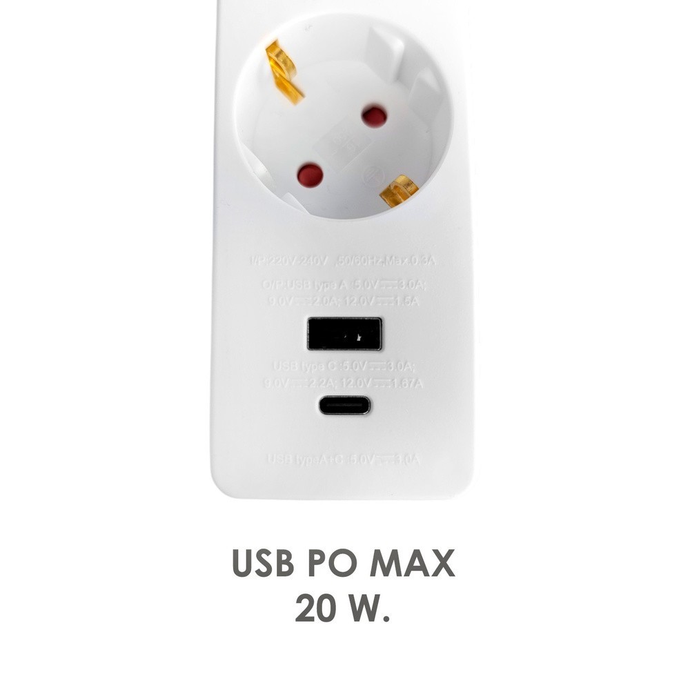 Base Multiple 3 Tomas Schucko y 2 tomas USB (A / C) Con Interruptor y Toma de Tierra al por Mayor | Almacén de Ferretería