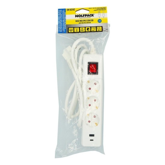 Base Multiple 3 Tomas Schucko y 2 tomas USB (A / C) Con Interruptor y Toma de Tierra al por Mayor | Almacén de Ferretería