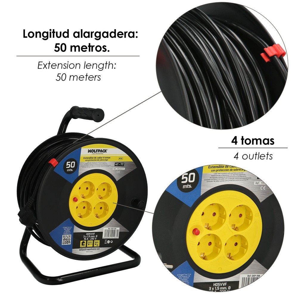 Extensible Industrial 4 Tomas 50 Metros 3 x 1,5 mm, con Protección Sobrecarga al por Mayor | Almacén de Ferretería