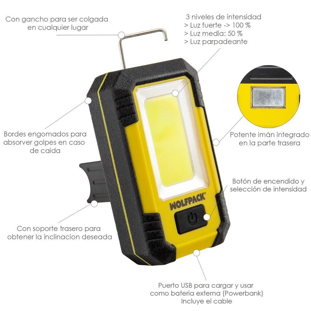 Linterna LED Profesional Compacta Engomada Bateria Recargable 500 Lumenes Con Función Powerbank, Iman, Soporte y Gancho al por M