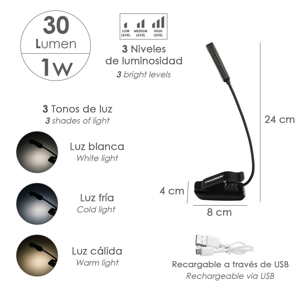 Linterna LED De Mesa / Lectura  Bateria Recargable (1,000 mAh) 30 Lumenes Con Clip, 3 Tonos De Luz y 3 Niveles De Luminosidad al
