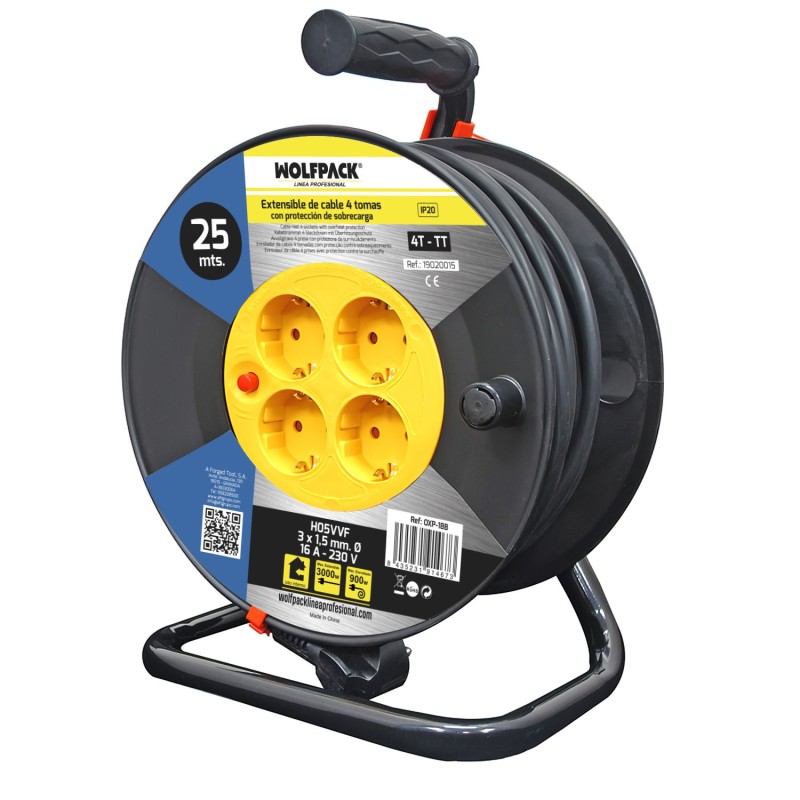 Extensible Industrial 4 Tomas 25 Metros 3 x 1,5 mm, con Protección Sobrecarga