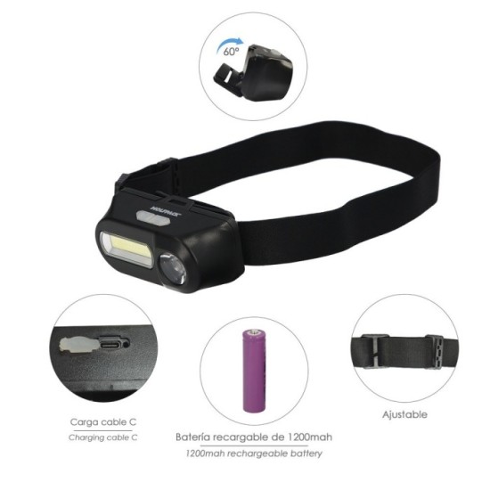 Linterna Led Frontal Cabeza Ajustable 350 Lumenes 4 Modos, Cinta Ajustable, 3 modos de luz, Fuerte, media y flash, 1200Mah al po