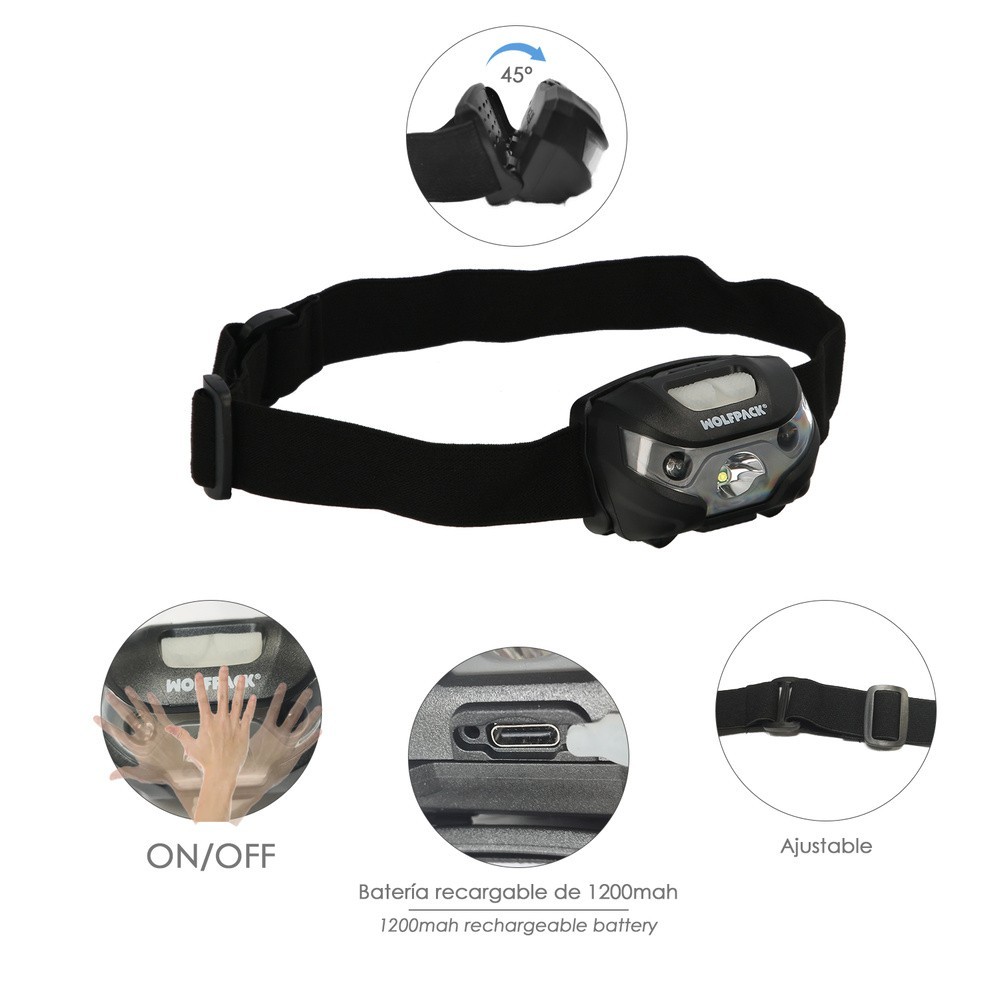 Linterna Led Frontal Cabeza Litio Usb Recargable, 3 modos de luz, 120 LUM, Sensor de encendido y apagado, al por Mayor | Almacén
